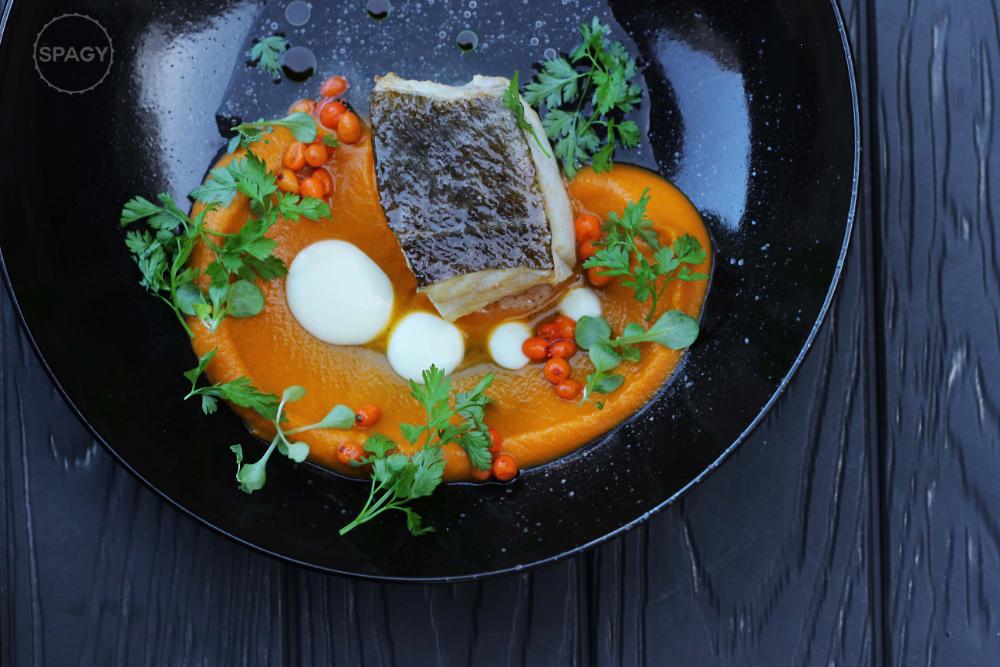 Treska, dýně, citrón, dashi, rakytník