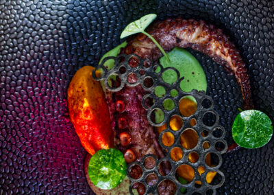 grilovaná chobotnice, dýňové pyré